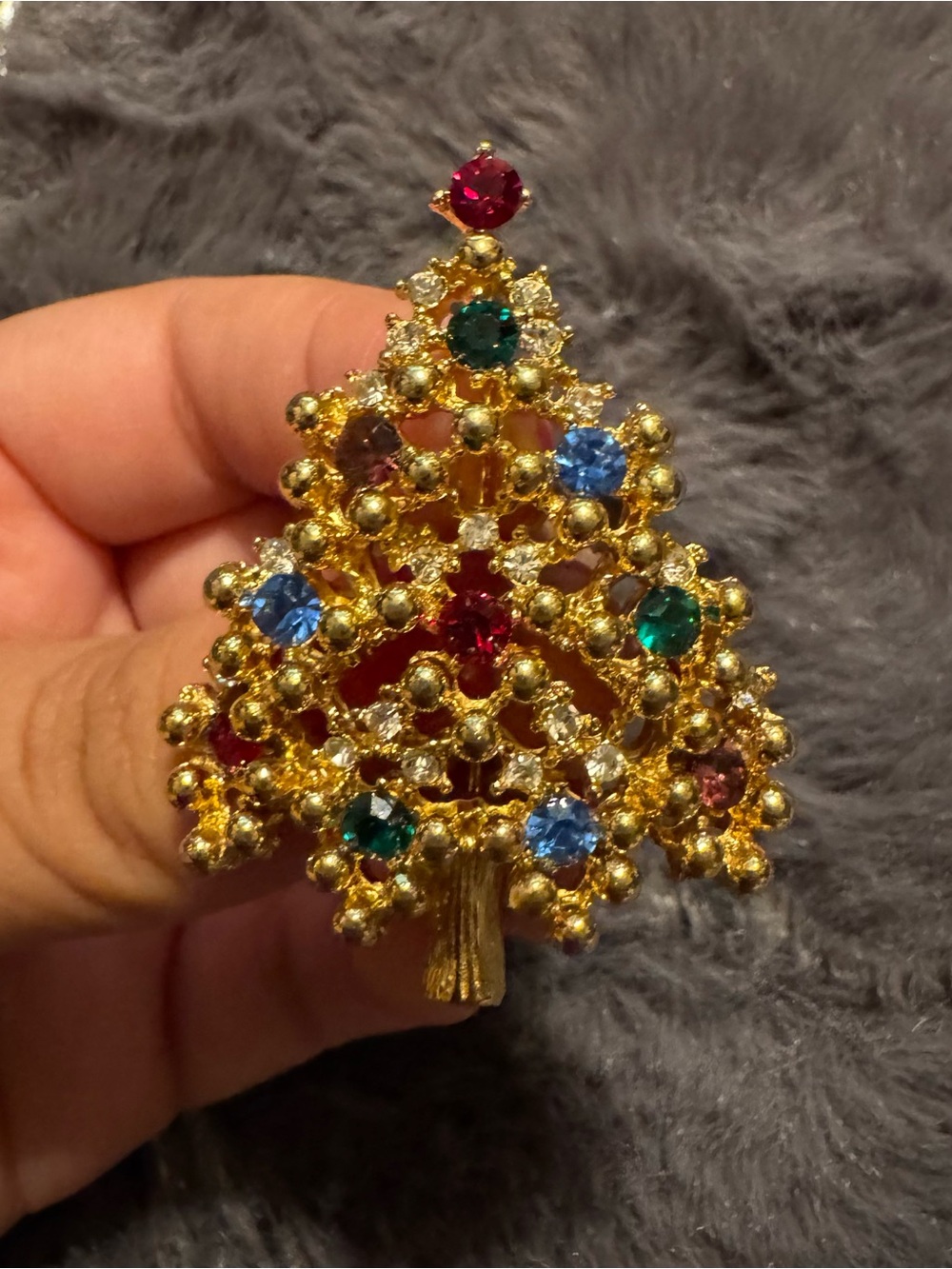 1950s EISENBERG Gold-Tone Christmas Tree Brooch Pin Multicolor Stones VTG